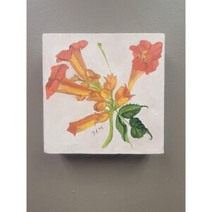 6 x 6 Trumpet Vine Painting Hand Painted Orange Botanical Small Canvas Wall Art